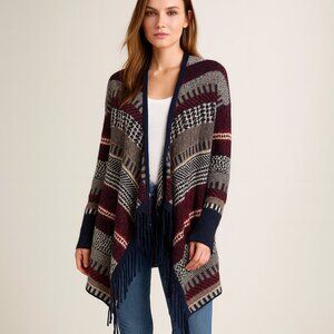 Autumn Cashmere Fair Isle Fringed Drape Front Cardigan Red Multi Size Small